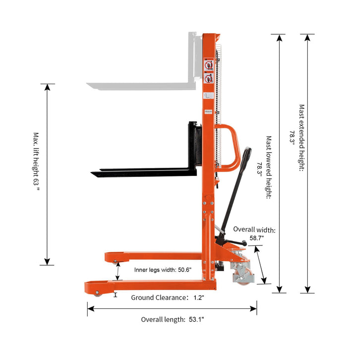 Tory Carrier T-3004 | Manual Straddle Stacker | 1100 lbs Capacity | 63" Lift Height