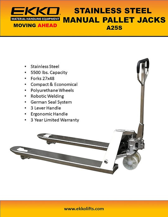 EKKO A25S | Stainless Steel Manual Pallet Jack | 5500 lbs Capacity