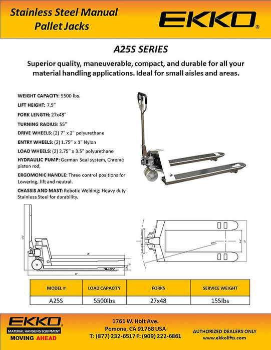 EKKO A25S | Stainless Steel Manual Pallet Jack | 5500 lbs Capacity