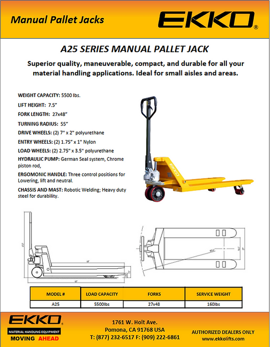 EKKO A25 | Manual Pallet Jack | 5500 lbs Capacity