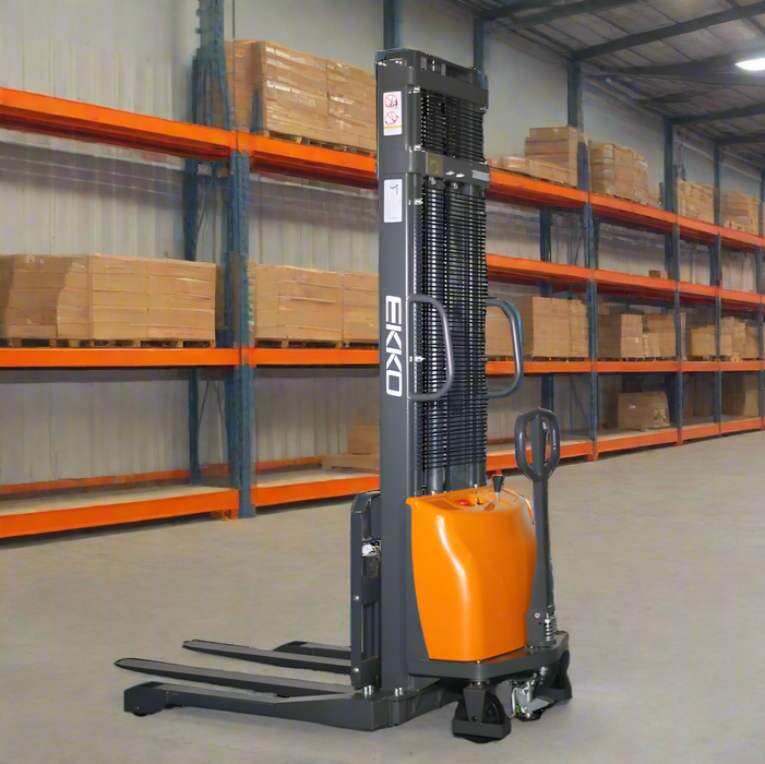 EKKO EA15A-138 | Semi-Electric Straddle Stacker | 3300 lbs Capacity | 138" Lift Height