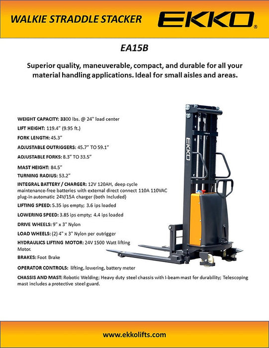 EKKO EA15B | Semi-Electric Straddle Stacker | 3300 lbs Capacity | 119.4" Lift Height