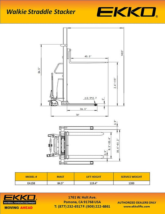 EKKO EA15B | Semi-Electric Straddle Stacker | 3300 lbs Capacity | 119.4" Lift Height