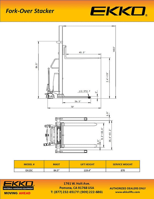 EKKO EA15C | Semi-Electric Fork-Over Stacker | 3300 lbs Capacity | 119.3" Lift Height