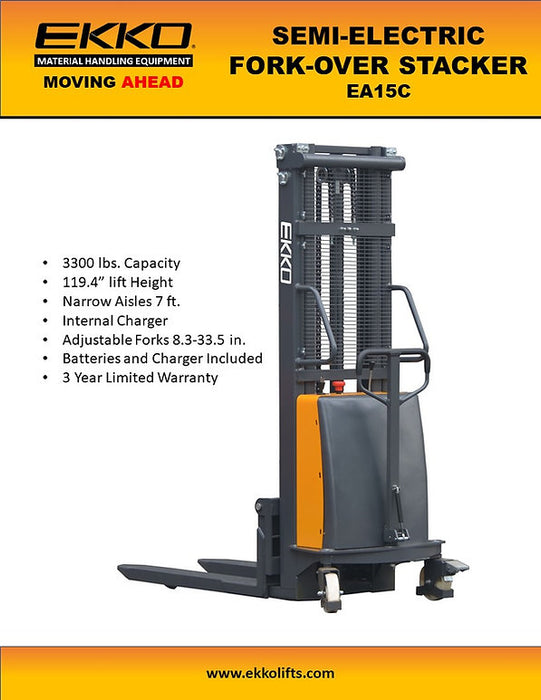 EKKO EA15E | Semi-Electric Fork-Over Stacker | 3300 lbs Capacity | 138" Lift Height