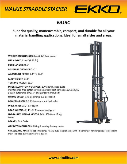 EKKO EA15E | Semi-Electric Fork-Over Stacker | 3300 lbs Capacity | 138" Lift Height