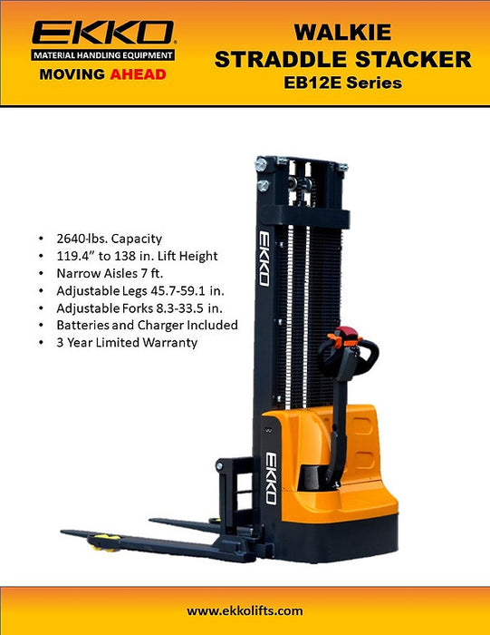 EKKO EB12E-138 | Electric Straddle Stacker | 2640 lbs Capacity | 138" Lift Height