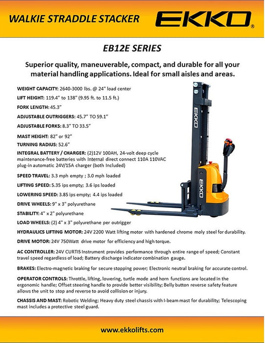EKKO EB12E-138 | Electric Straddle Stacker | 2640 lbs Capacity | 138" Lift Height