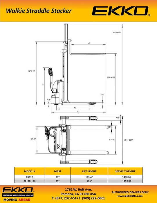 EKKO EB12E-138 | Electric Straddle Stacker | 2640 lbs Capacity | 138" Lift Height