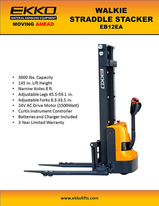 EKKO EB12EA | Electric Straddle Stacker | 3000 lbs Capacity | 145.67" Lift Height