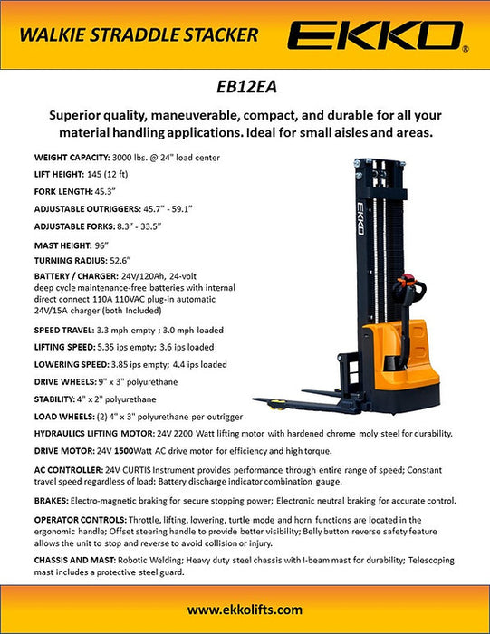 EKKO EB12EA | Electric Straddle Stacker | 3000 lbs Capacity | 145.67" Lift Height