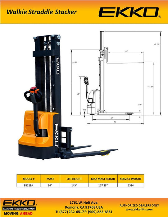 EKKO EB12EA | Electric Straddle Stacker | 3000 lbs Capacity | 145.67" Lift Height