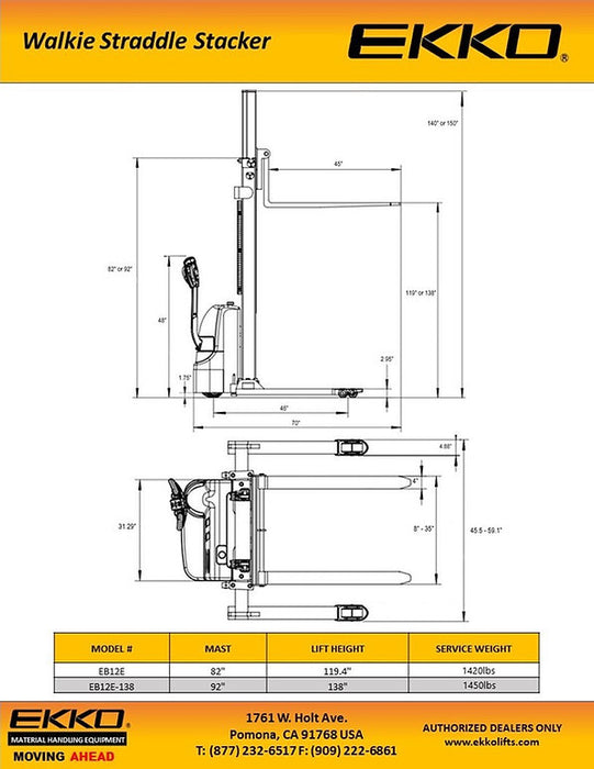 EKKO EB12E | Electric Straddle Stacker | 2640 lbs Capacity | 119.4" Lift Height
