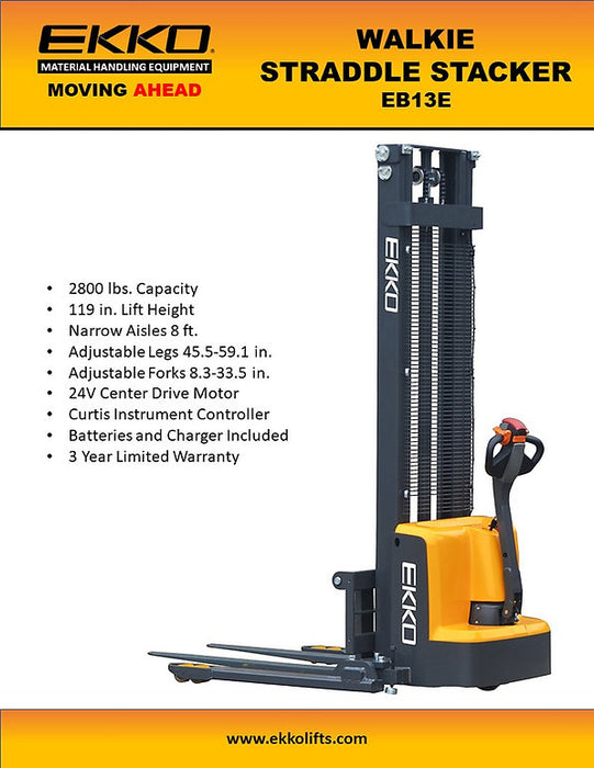 EKKO EB13E-138 | Electric Straddle Stacker | 2800 lbs Capacity | 138" Lift Height