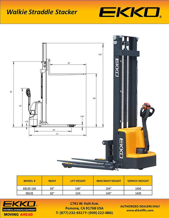 EKKO EB13E-138 | Electric Straddle Stacker | 2800 lbs Capacity | 138" Lift Height
