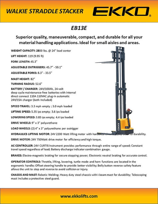 EKKO EB13E-138 | Electric Straddle Stacker | 2800 lbs Capacity | 138" Lift Height