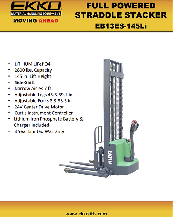 EKKO EB13ES-145Li | Lithium Straddle Stacker SIDE-SHIFT | 2640 lbs Capacity | 145" Lift Height