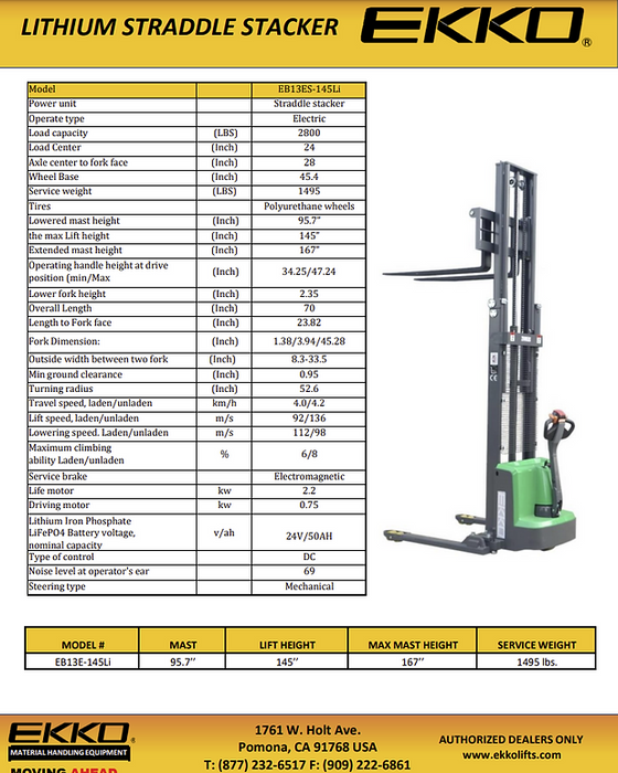 EKKO EB13ES-145Li | Lithium Straddle Stacker SIDE-SHIFT | 2640 lbs Capacity | 145" Lift Height