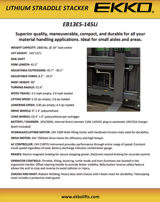 EKKO EB13ES-145Li | Lithium Straddle Stacker SIDE-SHIFT | 2640 lbs Capacity | 145" Lift Height