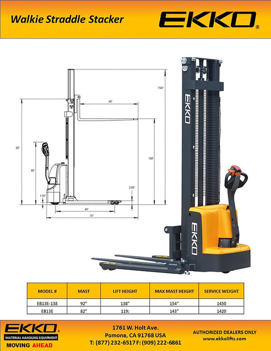 EKKO EB13E | Electric Straddle Stacker | 2800 lbs Capacity | 119" Lift Height