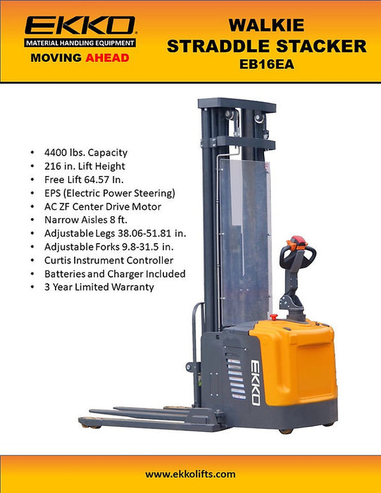 EKKO EB16EA | Full Powered Straddle Stacker | 4400 lbs Capacity | 216" Lift Height
