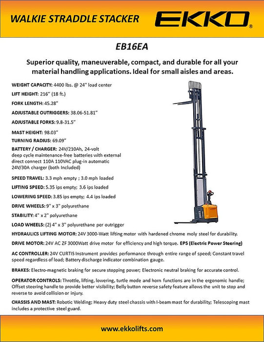 EKKO EB16EA | Full Powered Straddle Stacker | 4400 lbs Capacity | 216" Lift Height