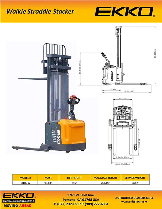 EKKO EB16EA | Full Powered Straddle Stacker | 4400 lbs Capacity | 216" Lift Height