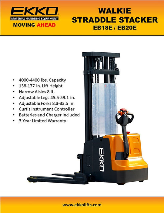 EKKO EB18E | Full Powered Straddle Stacker | 4000 lbs Capacity | 138" Lift Height