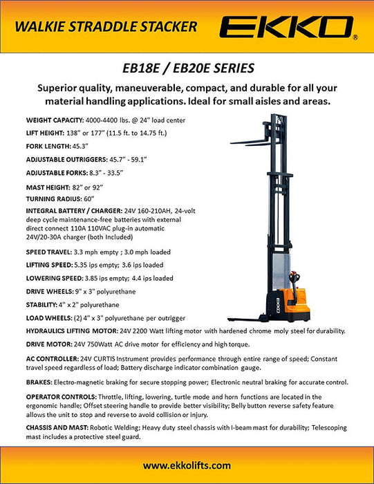EKKO EB20E | Full Powered Straddle Stacker | 4400 lbs Capacity | 177" Lift Height