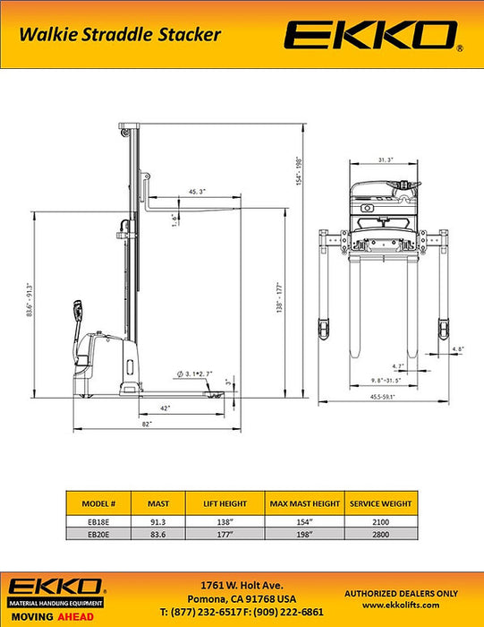 EKKO EB20E | Full Powered Straddle Stacker | 4400 lbs Capacity | 177" Lift Height