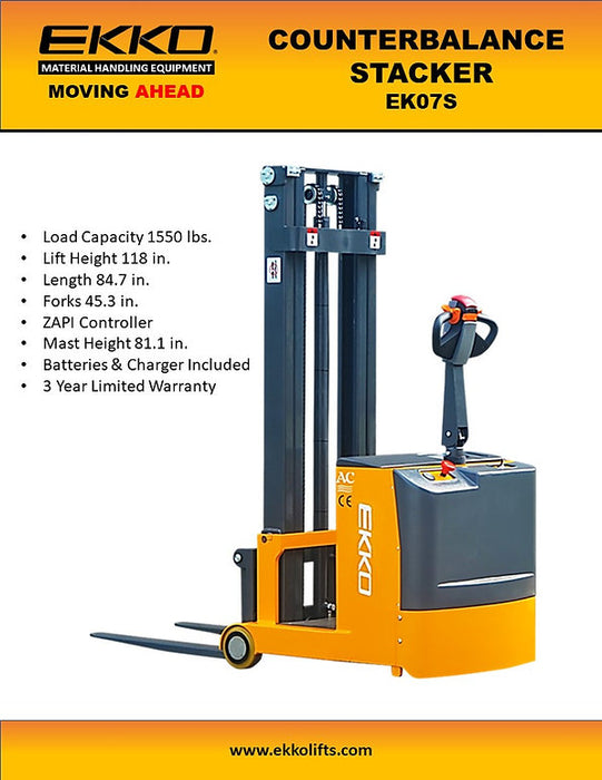 EKKO EK07S | Counterbalanced Walkie Stacker | 1550 lbs Capacity | 118" Lift Height