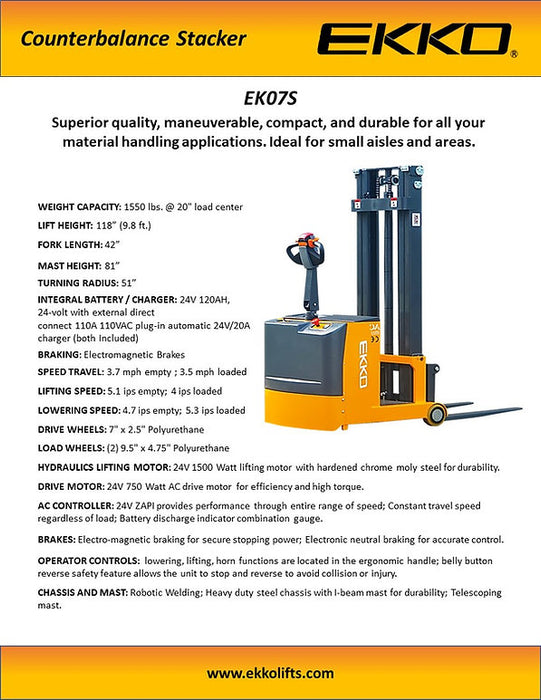 EKKO EK07S | Counterbalanced Walkie Stacker | 1550 lbs Capacity | 118" Lift Height