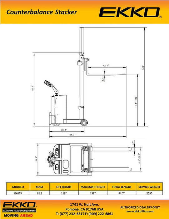 EKKO EK07S | Counterbalanced Walkie Stacker | 1550 lbs Capacity | 118" Lift Height