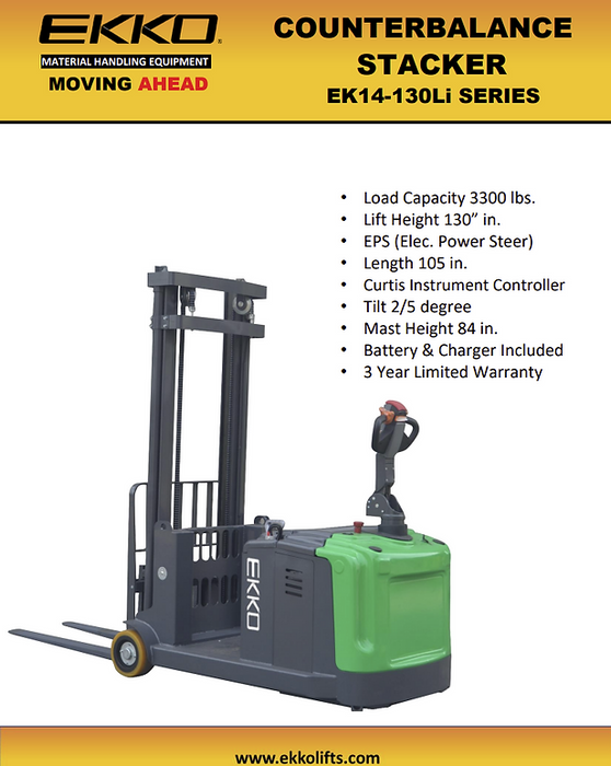 EKKO EK14-130Li | Lithium Counterbalanced Walkie Stacker | 3300 lbs Capacity | 130" Lift Height