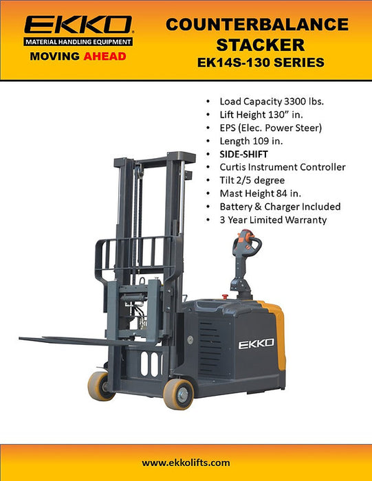 EKKO EK14-130 | Counterbalanced Walkie Stacker | 3300 lbs Capacity | 130" Lift Height