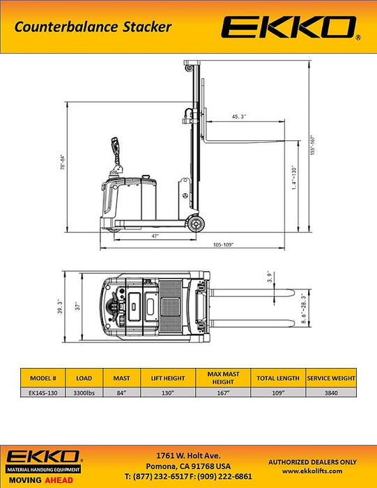EKKO EK14-130 | Counterbalanced Walkie Stacker | 3300 lbs Capacity | 130" Lift Height