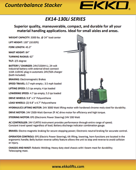 EKKO EK14S-130Li | Lithium Counterbalanced Walkie Stacker SIDE-SHIFTING | 3300 lbs Capacity | 130" Lift Height