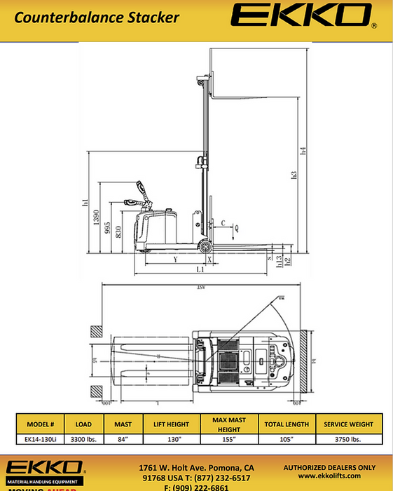 EKKO EK14S-130Li | Lithium Counterbalanced Walkie Stacker SIDE-SHIFTING | 3300 lbs Capacity | 130" Lift Height