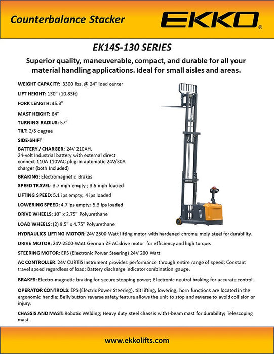 EKKO EK14S-130 | Counterbalanced Walkie Stacker SIDE-SHIFTING | 3300 lbs Capacity | 130" Lift Height