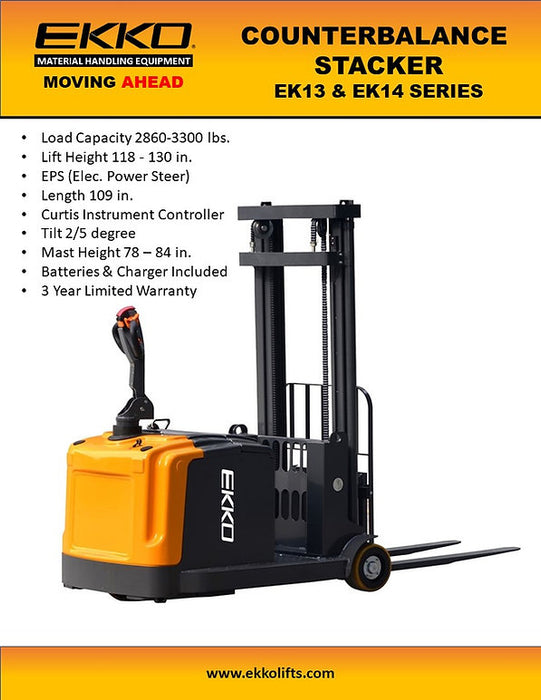 EKKO EK14 | Counterbalanced Walkie Stacker | 3300 lbs Capacity | 118" Lift Height