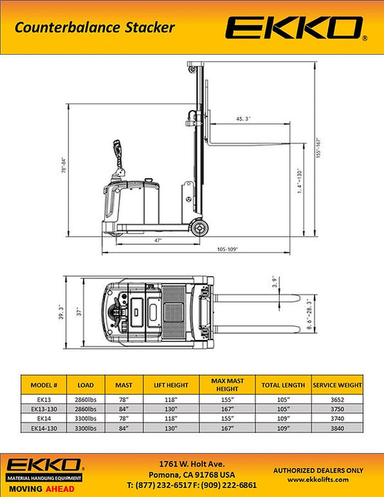 EKKO EK14 | Counterbalanced Walkie Stacker | 3300 lbs Capacity | 118" Lift Height