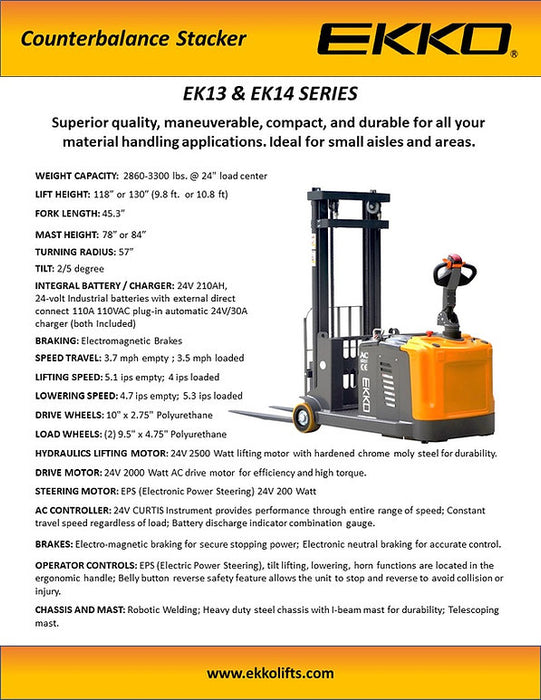 EKKO EK14 | Counterbalanced Walkie Stacker | 3300 lbs Capacity | 118" Lift Height