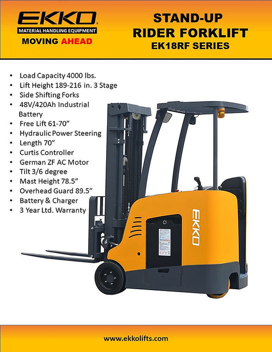 EKKO EK18RF | Stand-Up Rider Forklift | 4000 lbs Capacity | 216" Lift Height
