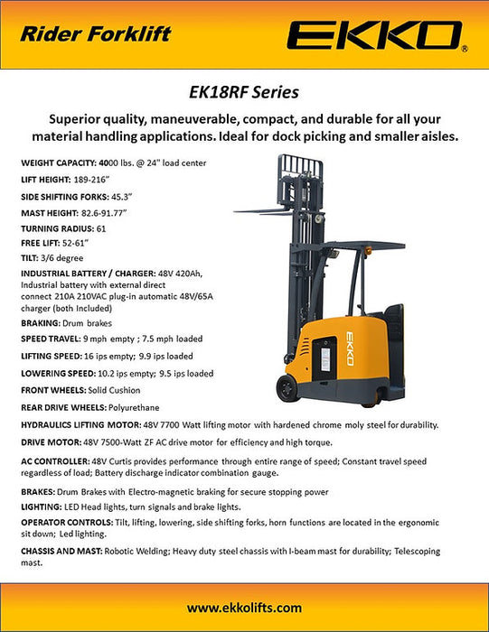 EKKO EK18RF | Stand-Up Rider Forklift | 4000 lbs Capacity | 216" Lift Height