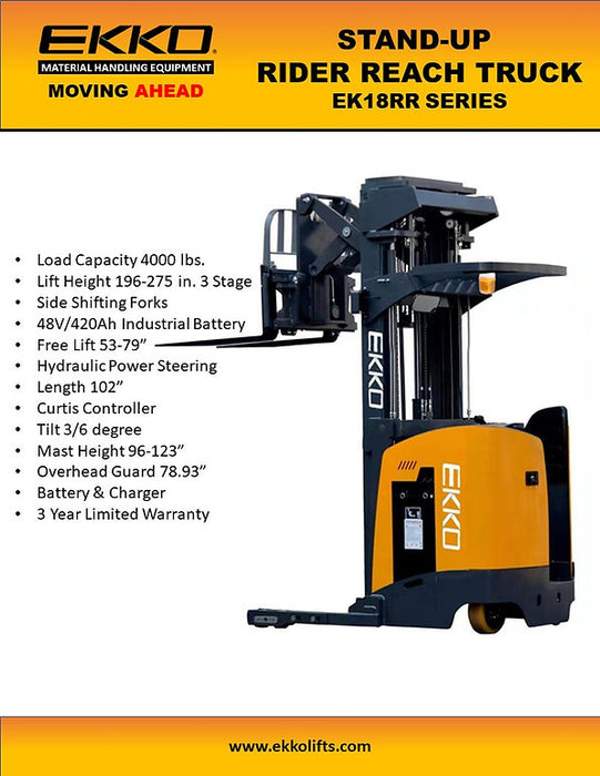 EKKO EK18RRL | Stand-Up Reach Truck | 4000 lbs Capacity | 196" Lift Height