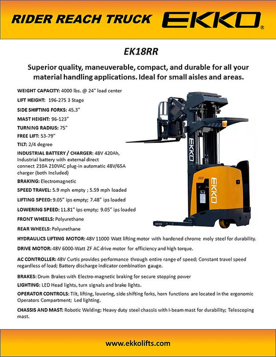 EKKO EK18RRL | Stand-Up Reach Truck | 4000 lbs Capacity | 196" Lift Height