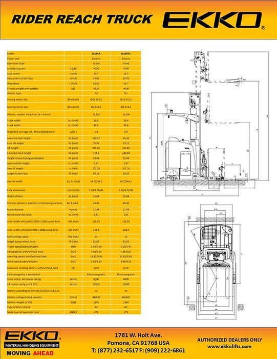 EKKO EK18RRL | Stand-Up Reach Truck | 4000 lbs Capacity | 196" Lift Height