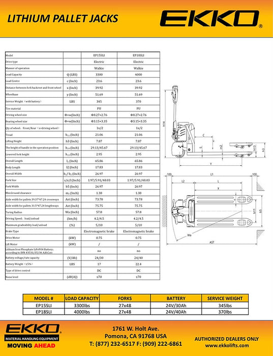 EKKO EP15SLi | Semi-Electric Pallet Jack | 3300 lbs Capacity