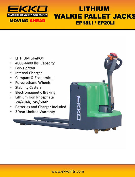 EKKO EP18Li | Lithium Iron Walkie Pallet Jack | 4000 lbs Capacity