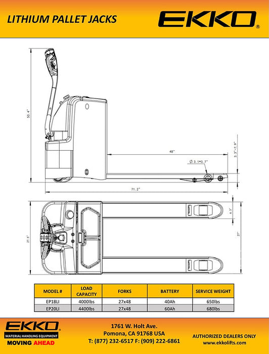 EKKO EP18Li | Lithium Iron Walkie Pallet Jack | 4000 lbs Capacity